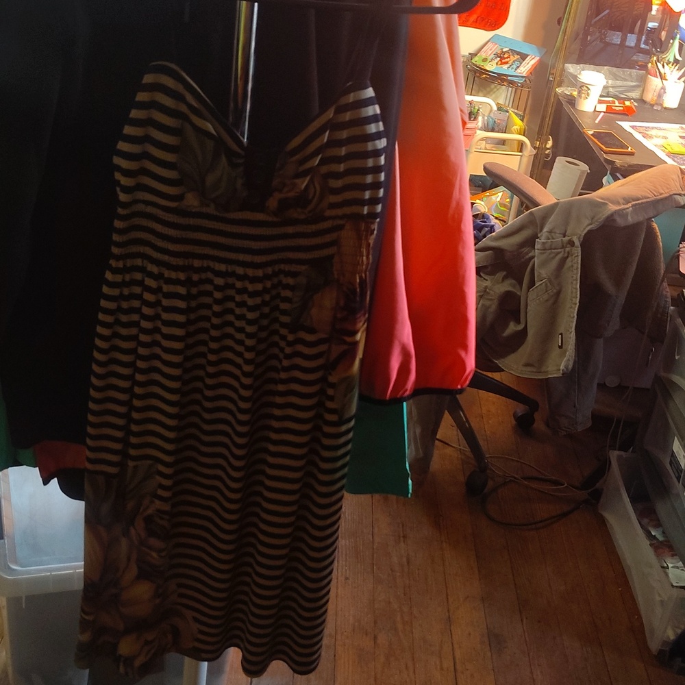 Enfocus Studio Black and Gray Striped Maxi Dress with Floral Hem